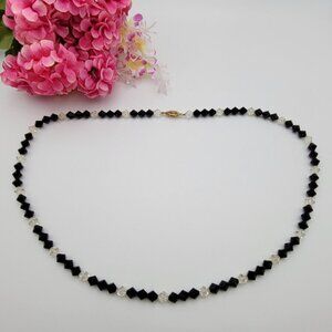 Black & Clear Faceted Crystal Beaded Necklace 28" Diamond Shape Beads Art Deco